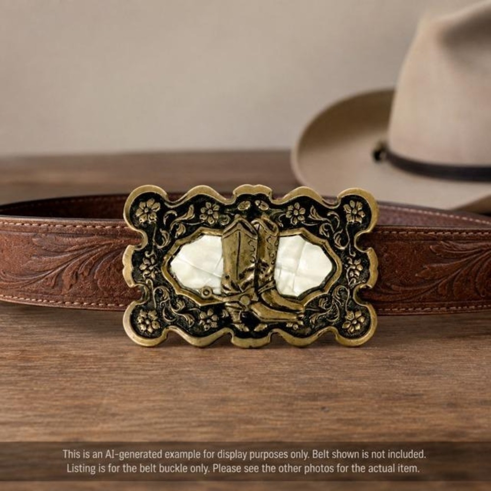 Vintage Western Cowboy Boots & Spurs Belt Buckle Bronze Floral 3.75"